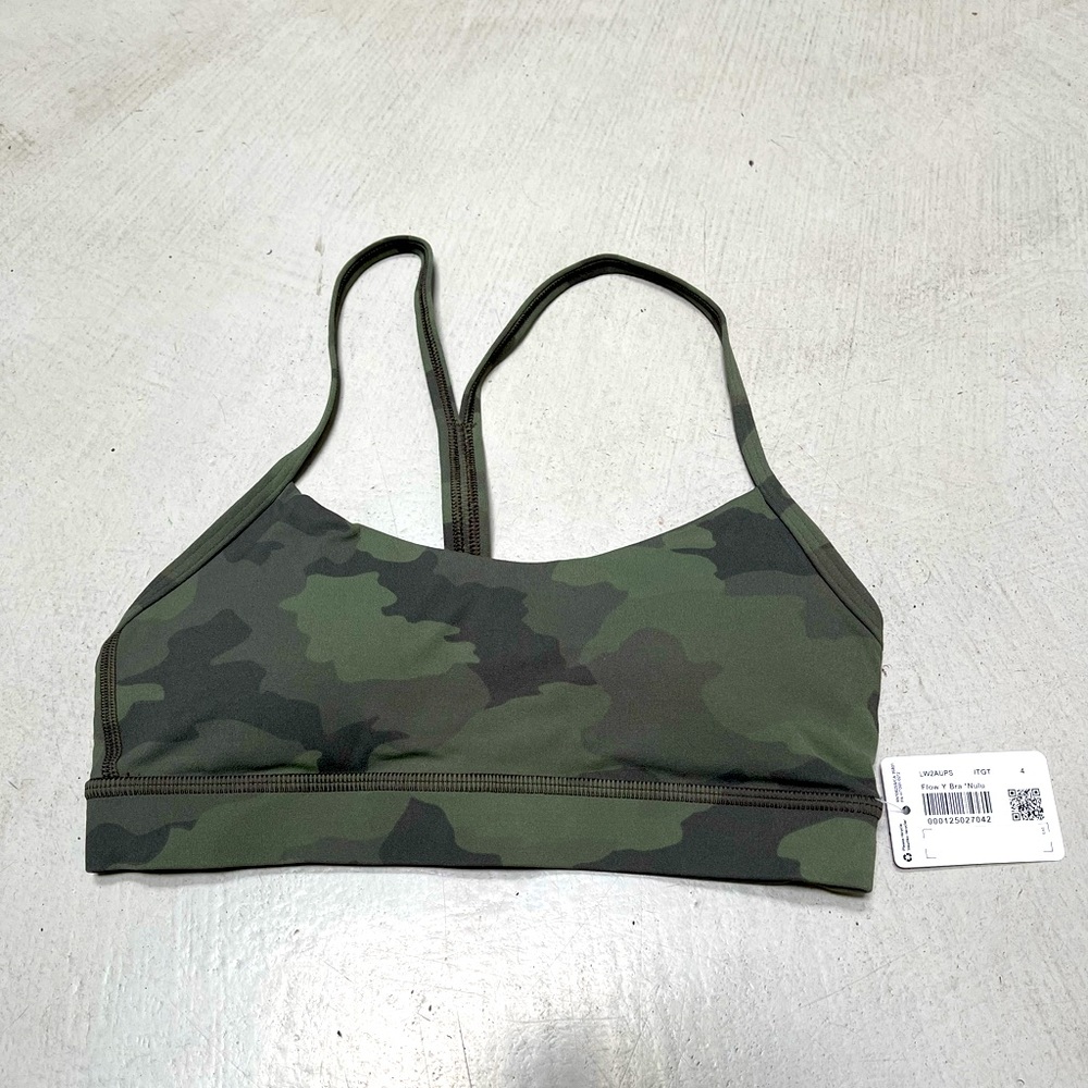 lululemon flow Y sports bra in fatigue green camo and Nulu fabric